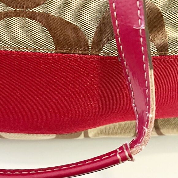 Coach Khaki Signature Cherry Red Tote Bag Handbag Weekender F17443 Patent Large - Picture 15 of 16